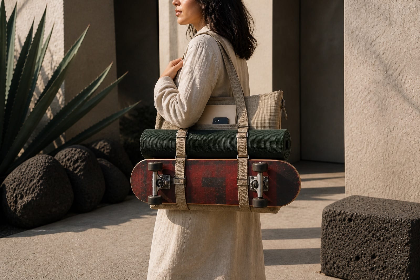 Concept visualization of Carryall 001 carrying a skateboard and rolled movement mat