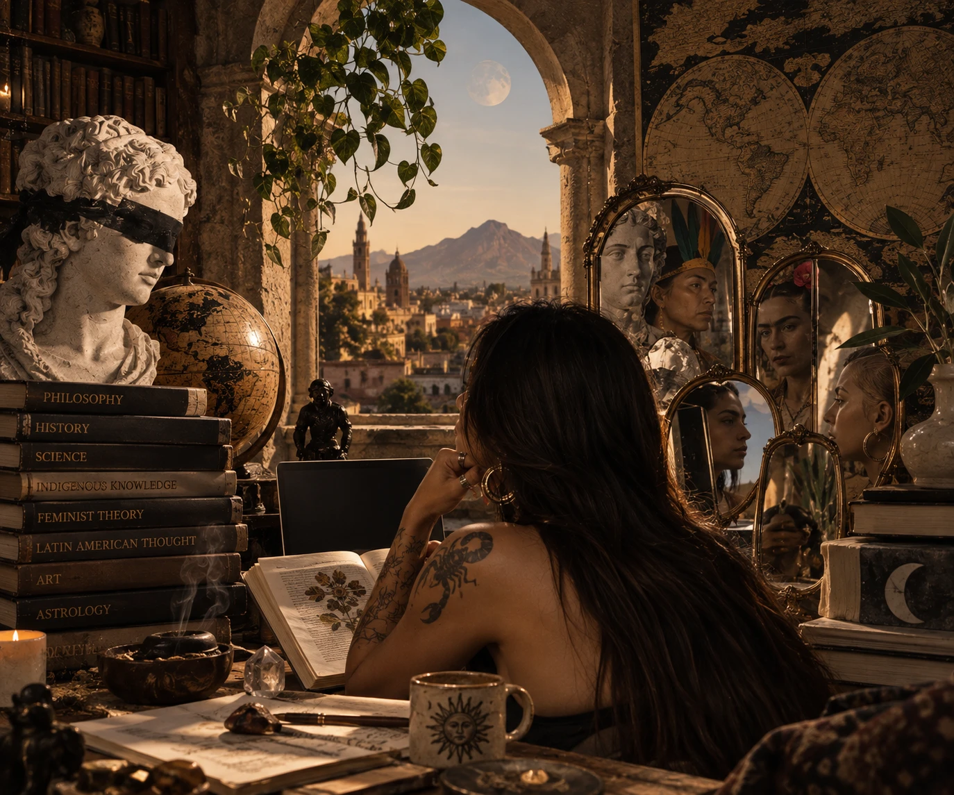A woman sits with her back to us, reading at a desk stacked with books labelled philosophy, history, science, indigenous knowledge, feminist theory, Latin American thought, art and astrology, beside a blindfolded marble bust and an old globe. An arch opens onto a colonial city and a mountain under the full moon. To her right, a wall of gilded mirrors gives back different faces — the bust, a man in a feathered headdress, women looking out — the same room read several ways at once.